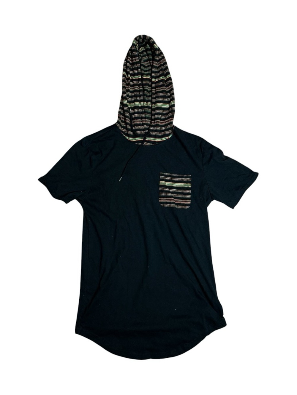 Forever 21 Rasta Black Short-Sleeve Hooded Tee with Striped Hood & Pocket